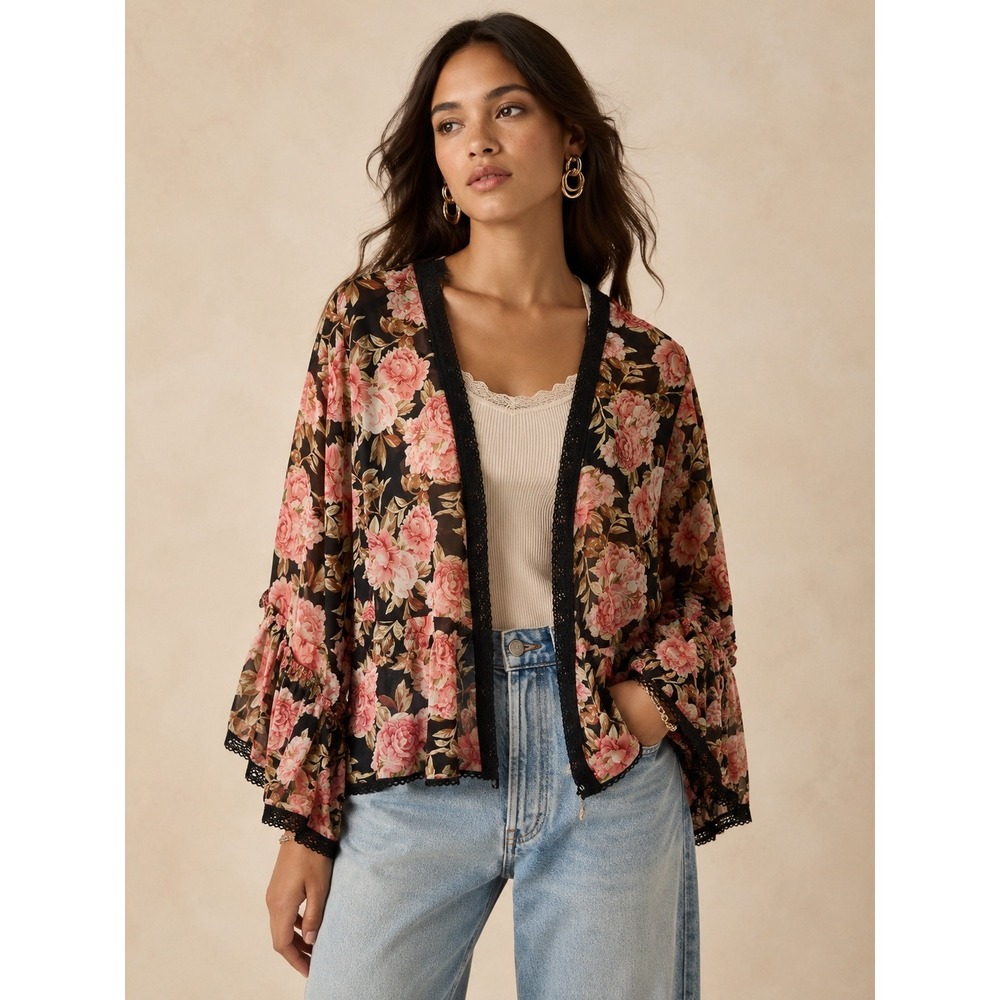 Sheer Floral Chiffon Kimono Jacket Tie Front Ruffle Boho Romantic Festival Fairy